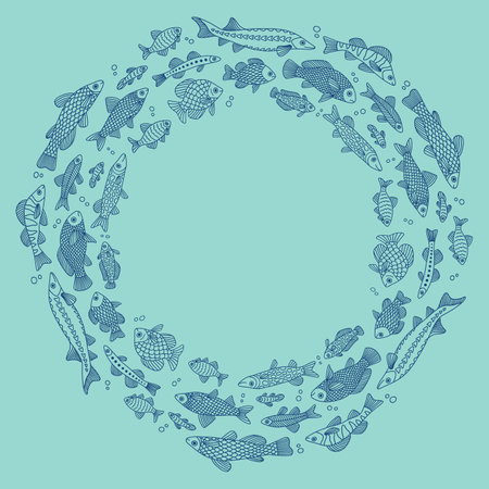 Vector doodle circle background with fishes of different shapes with various hand-drawn patterns, isolatedのイラスト素材
