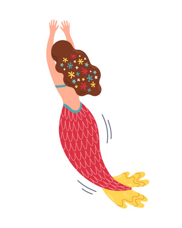 Brown hair mermaid with red yellow tail, swimming mermaid, view from back. Cute Mermaid, for t shirts or children books.のイラスト素材