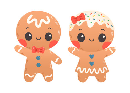Holiday gingerbread man and woman cookie. Cookie in shape of man and woman with colored icing. Vector in flat styleのイラスト素材