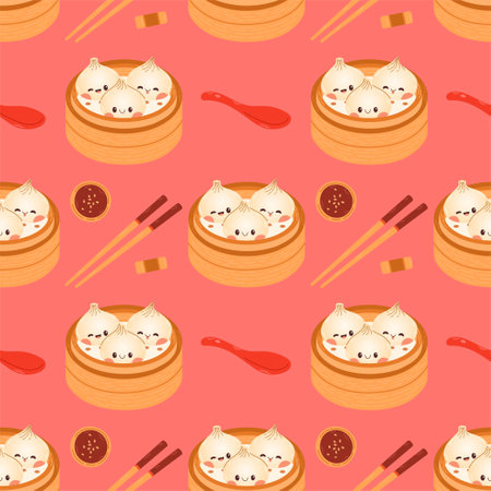 Dumpling and gyoza seamless pattern vector drawing. Traditional Japanese dumplings with funny smiling faces.の写真素材