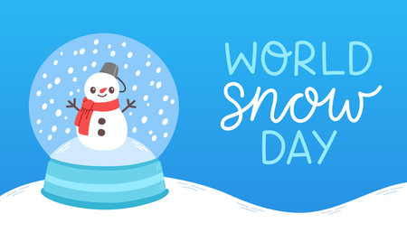 World Snow Day. Christmas snow ball with little snowman and snowflakes. Flat design vectorのイラスト素材