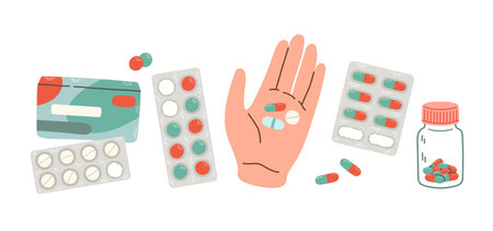 Pills, tablets and medicine drugs, colorful capsules. Oval or round medicament painkillers, antibioticsのイラスト素材
