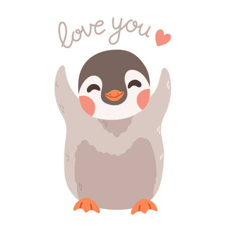 Cute penguin with lettering love you and heart. Penguin cartoon vector.のイラスト素材