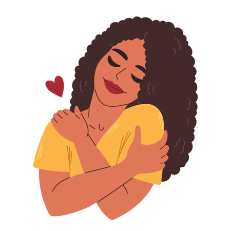 Love yourself. Black curly hair woman hugging herself with heart. Love your body concept. Vector illustration.のイラスト素材