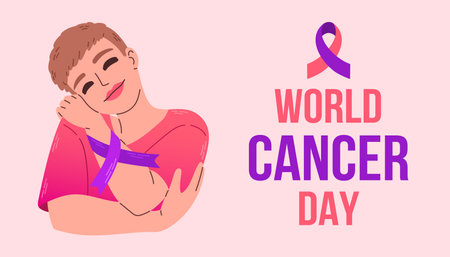World Cancer Day 4 February Poster Or Banner Background. Woman with ribbon illustration. EPS 10.のイラスト素材