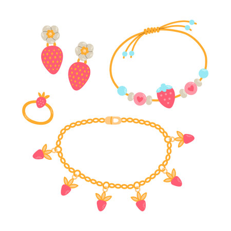 Kids jewelry. Cartoon drawing of strawberry jewelry for children isolated on white. Fashion, jewelry conceptのイラスト素材