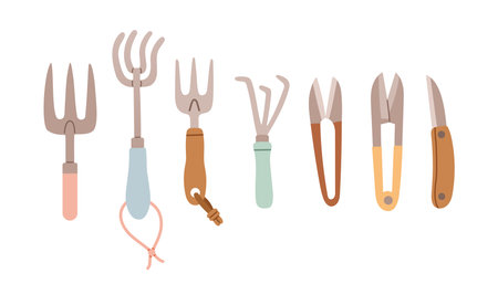 Set of gardening items in hand drawn style. Agricultural and garden tools for spring work. Vector isolated on whiteのイラスト素材