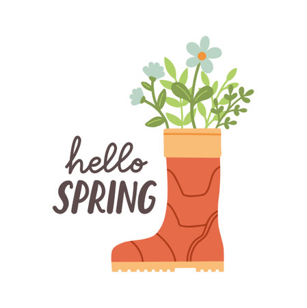Hello spring. Cute rain boots with flowers plants. Hand drawn spring print, card, poster. Hand written text, letteringのイラスト素材