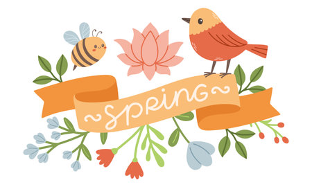 Spring label with season quotes, bird, ribbon. Hand drawn spring vector illustration.のイラスト素材