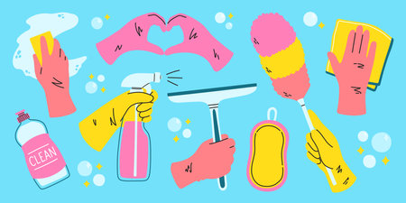 Cleaning set supplies, bottles, spray, sponge, gloves. Various Cleaning items. Housework concept. Hand drawn styleのイラスト素材