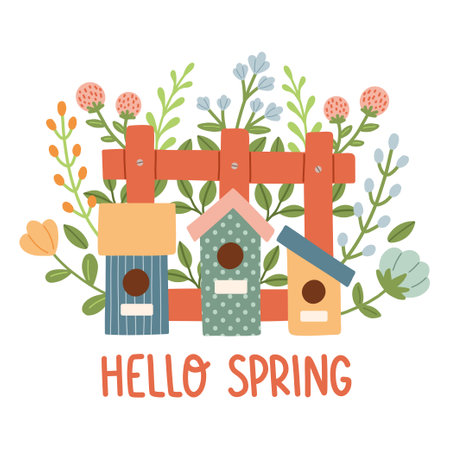 Spring birdhouse. Spring mood greeting card template. Welcome spring season invitation. Minimalist postcard birdhouse.のイラスト素材