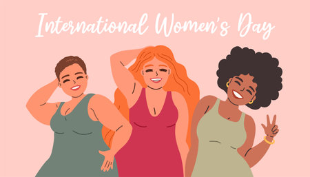 International Womens Day. Vector illustration of happy smiling diverse women standing together. Isolated EPS10のイラスト素材