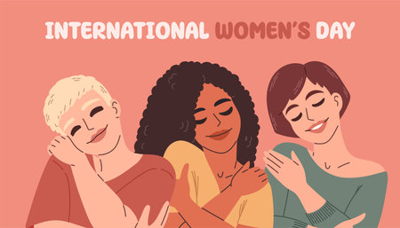 International Womens Day. Vector illustration of happy smiling diverse women standing together. Isolated EPS10のイラスト素材