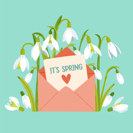 Its spring. Spring envelope with snowdrops. Spring flower vector illustrationのイラスト素材
