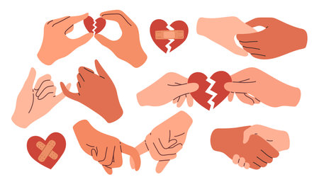 Reconciliation concept set. Cupid couple reconciles, broken heart. Restore love. Red broken heart in hands men and womenのイラスト素材