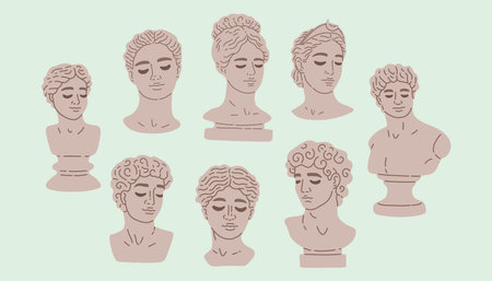 Various Antique statues. Heads of women, men. Mythical, ancient greek style. Hand drawn Vector illustration.のイラスト素材