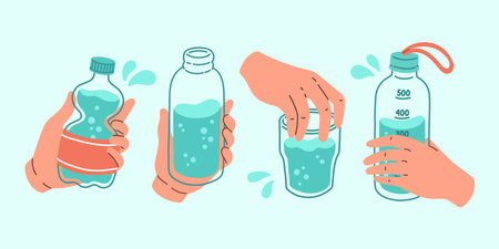 Drink more water set h2o vector illustration. Cartoon water bottles. Sports and glass bottle and glasses with liquids.のイラスト素材