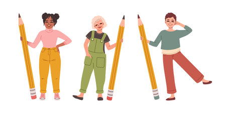 Cute student girl standing with a large pencil set. Flat design style minimal vector illustration.のイラスト素材