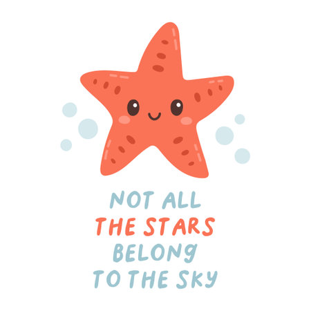 Sea life lettering quote decorated with cute cartoon doodles. Sea poster, print, card, kids apparel decor, sticker.のイラスト素材