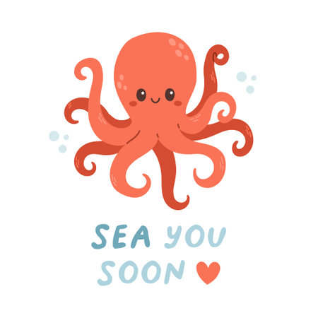 Sea life lettering quote decorated with cute cartoon doodles. Sea poster, print, card, kids apparel decor, sticker.のイラスト素材