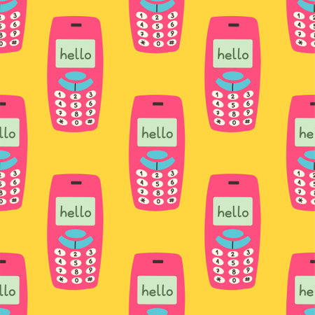 90s seamless pattern with old mobile phone on yellow background. Vector in cartoon 80s 90s pop art comic style.のイラスト素材