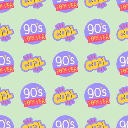 90s seamless pattern with stickers 90s forever and cool. Vector background in cartoon 80s 90s pop art comic style.のイラスト素材