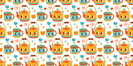 Cute Valentines day seamless pattern. Cup and teapot. Vector illustrations for valentines day, stickers, greeting cardsのイラスト素材