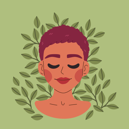 Mental health. Healthy mentality and self care illustration. Happy woman feel confident, relax, accept, love herself.のイラスト素材