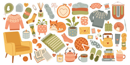 Hygge set, hand drawn vector, scandinavian doodle sketchy elements. Cozy comfortable lifestyle, winter and autumn mood.のイラスト素材