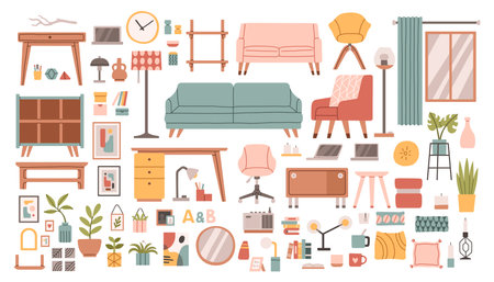 Living room interior flat style home elements set isolated on white. Vector sofa, armchair, shelves illustrationのイラスト素材