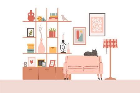 Living room modern interior set. Vector flat style collection of furniture for house isolated on white background.のイラスト素材