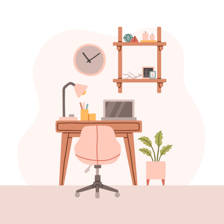 Mid century scandinavian study design interior. Cozy furnished wokspace. Flat vector cartoon illustrationのイラスト素材