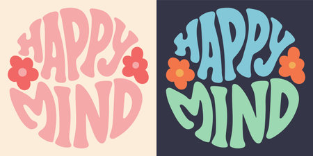 Groovy lettering Happy mind. Retro slogan in round shape. Trendy groovy print design for posters, cards, tshirt.のイラスト素材
