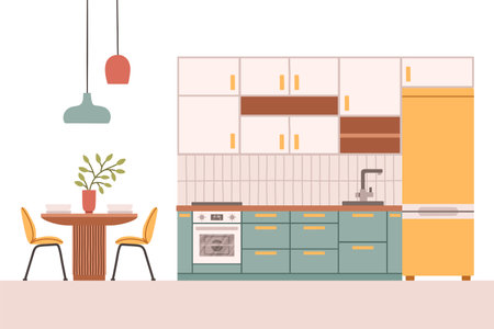 Kitchen with furniture. Cozy kitchen interior with table, stove, cupboard, dishes and fridge. Flat style vector.のイラスト素材