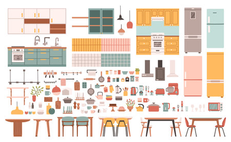 Kitchen dining elements set. Cute kitchen decor. Cooking furniture. Fridge and oven. Kitchenware shelves.のイラスト素材