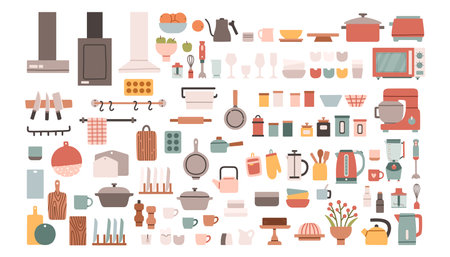 Kitchen decor tableware set. Cute kitchen decor. Cooking furniture. Dining elements set. Vector illustrationのイラスト素材