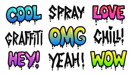 Graffiti words set. Street art graphic set with tags and graffiti with spray effect. Street tags.のイラスト素材