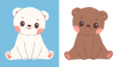 White baby bear. Brown baby bear. Set with two cute characters for baby shower, poster, postcard. Vectorのイラスト素材