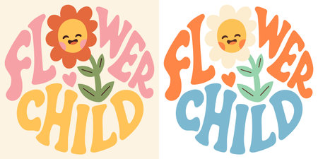 Groovy lettering Flower child. Retro slogan in round shape. Trendy groovy print design for posters, cards, tshirt.のイラスト素材