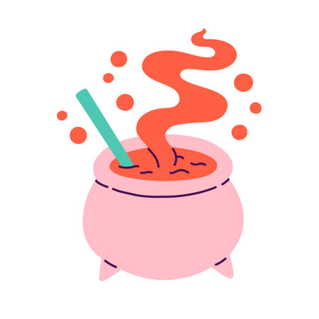 Happy Halloween. Vector cute illustration of pink witch pot in trendy colors for postcard, flyer, bannerのイラスト素材