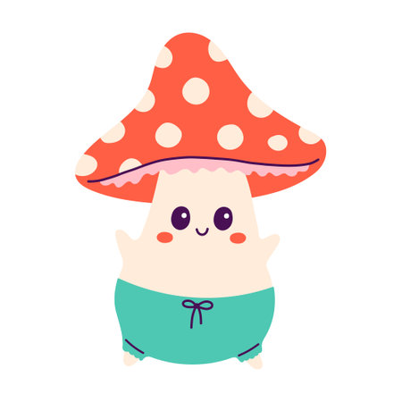 Happy Halloween. Vector cute illustration of mushroom fly agaric in pants in trendy colors for postcard, flyer, bannerのイラスト素材