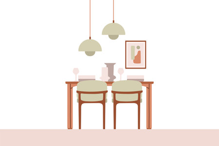 Dining table in kitchen with chairs, plates and wineglasses. Flat cartoon style vector illustration.のイラスト素材