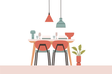 Dining table in kitchen with chairs, plates and wineglasses. Flat cartoon style vector illustration.のイラスト素材