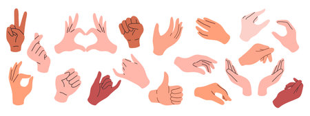 Set of hands in doodle style isolated human arms. Vector different man woman hands showing peace sign, heart, thumb up.のイラスト素材
