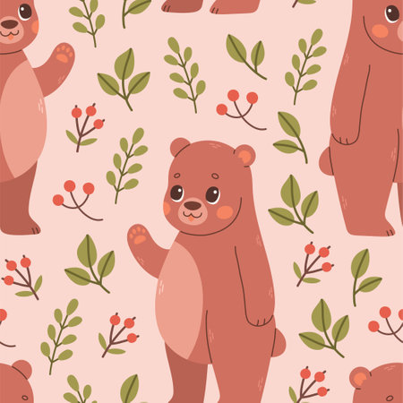 Fall pattern with bear. Seamless woodland pattern with leaves and cute forest animal on pink backgroundのイラスト素材