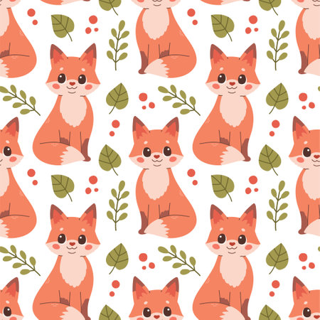 Fall pattern with fox. Seamless woodland pattern with leaves and cute forest animal on white backgroundのイラスト素材