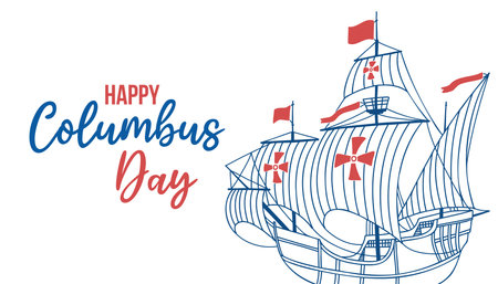Columbus day. Caravel Santa Maria. Happy Columbus Day text. Vector illustration on white background.のイラスト素材