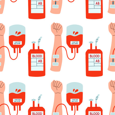 Blood donation seamless pattern with doodle elements. World blood donor day. Vector illustration for web pageのイラスト素材