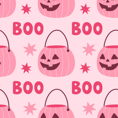 Pink Halloween seamless pattern vector illustration. Pink print in flat style. Halloween lettering quoteのイラスト素材