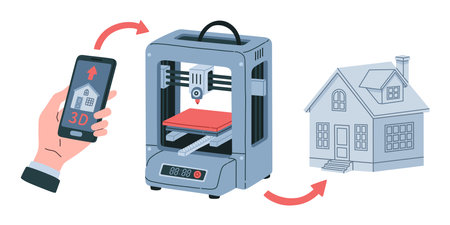 House 3d printing flat vector illustration. Home building model construction making on 3d printer machine.のイラスト素材
